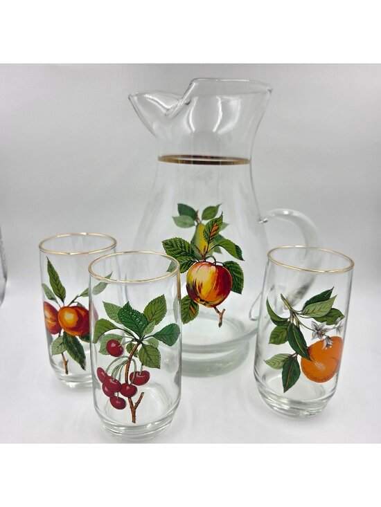 West Virginia Glass Specialty Other - West Virginia Glass 4 Piece Set Fruit Pitcher and 3 Glass Set Gold Trim